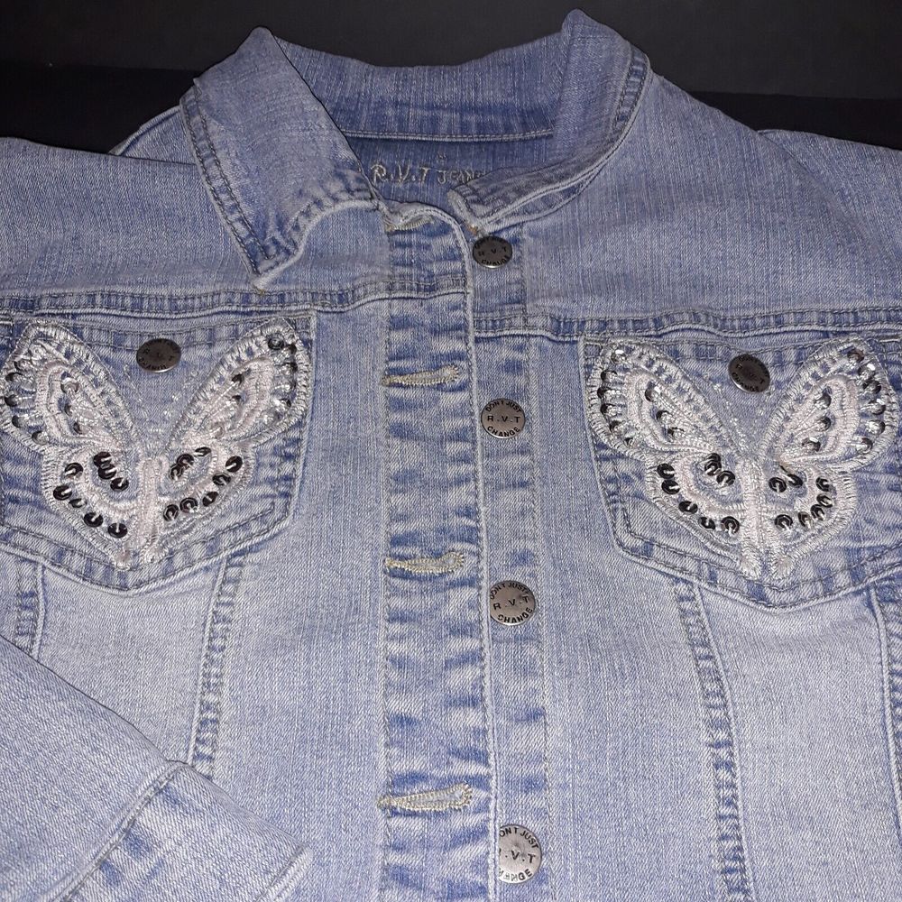 1990's Butterfly Embroidered Denim  Jacket waist length button up.
